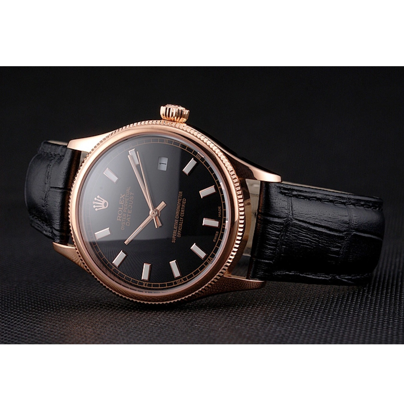 Good copy rolex watches Gold Leather Black Datejust Black Dial Swiss Rose Strap Rolex Case 0822
